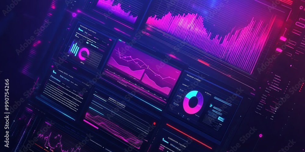 Poster abstract digital interface with colorful charts and graphs.