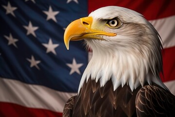 Bald eagle with sharp eyes, white head and american flag background. Perfect for patriotic designs and American themed projects. Generative AI