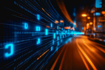 Fototapeta premium Flowing glowing binary code in a futuristic digital data stream environment