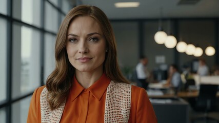 Fototapeta premium twenties caucasian woman in orange attire on office background model portrait looking confident for ad concept space for text