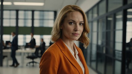 Obraz premium twenties caucasian woman in orange attire on office background model portrait looking confident for ad concept space for text