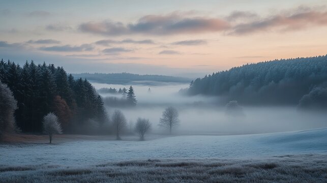 A foggy and frosted early winter landscape unfolds in the Westerwald region of Germany, where soft mists blanket the rolling hills and trees.