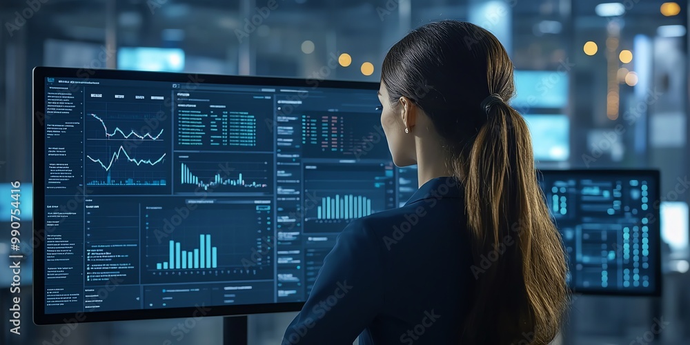 Poster woman analyzes data on a large computer monitor with charts and graphs.
