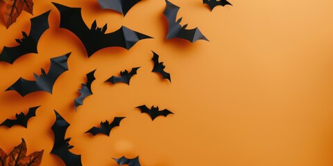 This image features the iconic Halloween symbol of bats, set against an orange background reminiscent of autumn leaves and candy corn.
