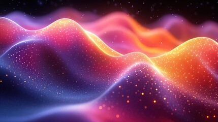 Colorful 3D abstract background with microparticles and waves, illustrating digital dynamics.