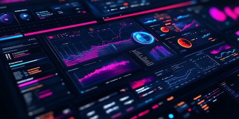 Obraz premium Futuristic user interface with glowing graphs and data on a dark background.