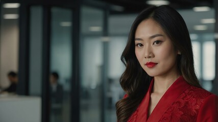 Fototapeta premium twenties asian woman in red attire on office background model portrait looking confident for ad concept space for text