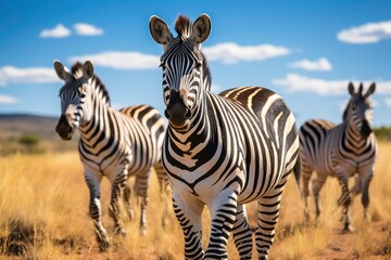 Obraz premium A group of zebras walking on savanna grass under a bright blue sky, perfect for wildlife, nature, animal, and safari themed designs and projects, is depicted. Generative AI