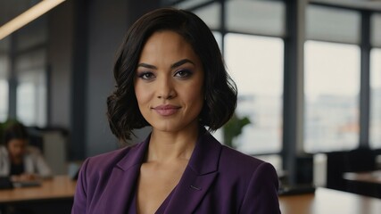 Fototapeta premium twenties american woman in purple attire on office background model portrait looking confident for ad concept space for text