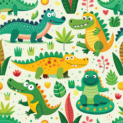 Seamless pattern with cute cartoon colorful crocodiles. Childish jungle vector texture.