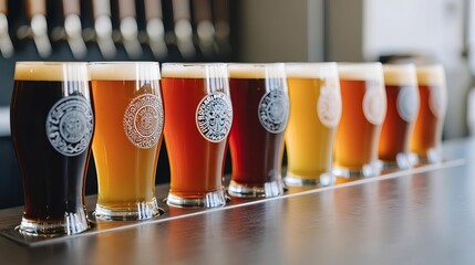 Handcrafted beer flight with unique labels and intricate glass designs, warm brewery atmosphere, brewery, handcrafted beer