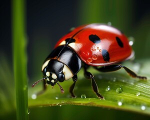 Obraz premium Ladybugs on dewy grass in bright sunlight. Perfect for nature blogs, gardening magazines, children's books, and educational materials. Generative AI