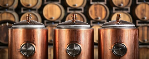 Old-world brewery with copper vats, handcrafted barrels stacked in the background, artisanal brewing process in action, brewery, handcrafted
