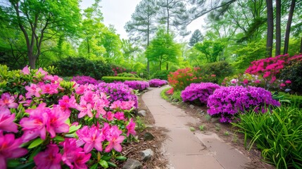 Tranquil Spring Garden, a serene landscape adorned with vibrant pink and purple azaleas, inviting a peaceful ambiance and celebrating the beauty of nature in full bloom