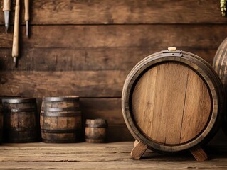Vintage brewery workshop with handcrafted tools, oak barrels, and hops drying, rustic atmosphere, handcrafted brewing, tradition