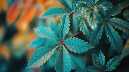The image showcases the vibrant green leaves of a marijuana plant adorned with rain droplets, set against the backdrop of autumn colors.
