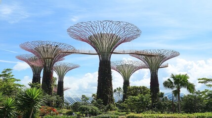 Fototapeta premium In Singapore, the iconic Supertrees tower over the landscape of Gardens by the Bay, resembling futuristic tree-like structures.