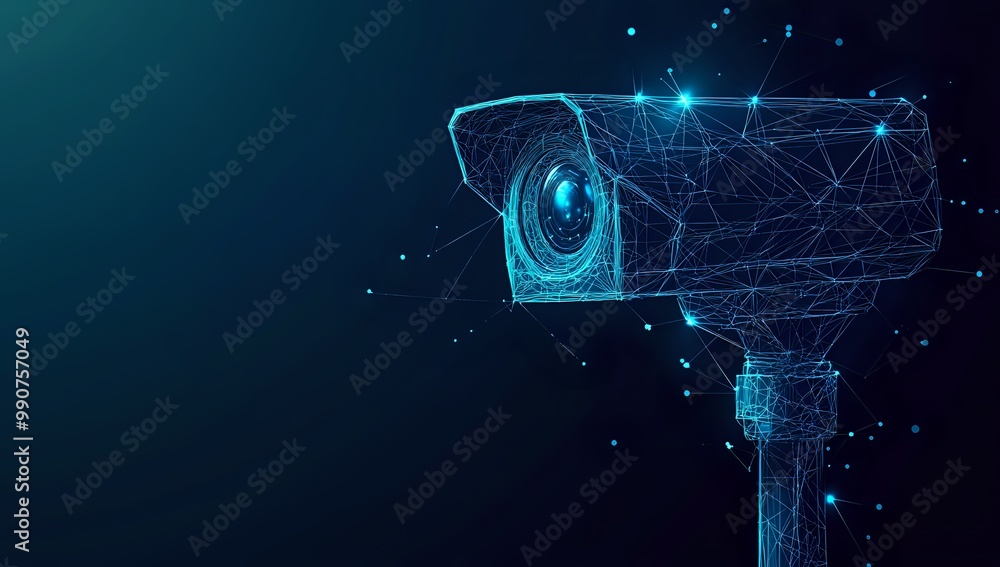 Poster abstract security camera with glowing lines and dots on a dark background.