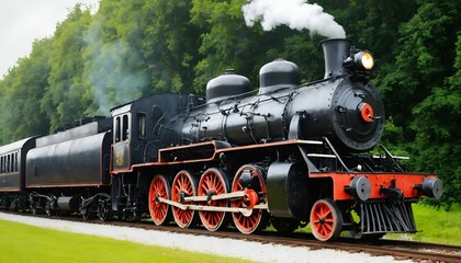 Naklejka premium Historic steam locomotive traveling on a railway track through a lush green landscape.