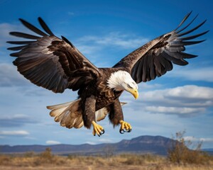 Fototapeta premium A bald eagle flies with wings spread wide majestically against a bright blue sky, perfect for patriotic, wildlife. Generative AI