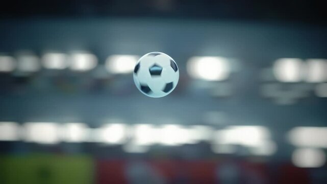 Soccer Ball Flying Across the Stadium. Ball's Flight Leads to Goal, Success, and Victory. Swirling Ball, Arena with Crowds of Fans Cheering for the Champion Winning Team. Medium Close-up Shot