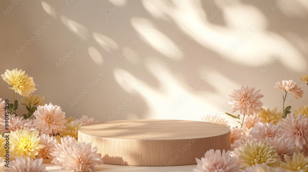 Aufkleber a round wooden platform sits in a softly lit space, surrounded by delicate pastel flowers creating a