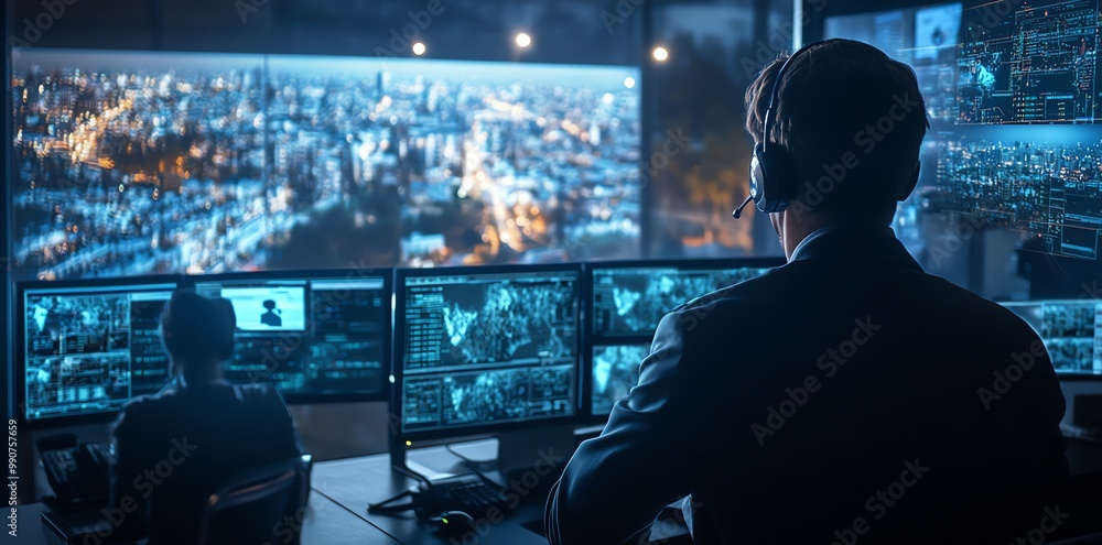 Poster a man wearing a headset sits in a dark room in front of multiple computer screens, focused on the ta