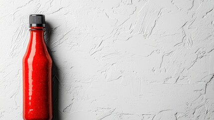 Minimalistic chili sauce bottle on white background, vibrant label, visible sauce texture, elegant shadows, appetizing red color. 