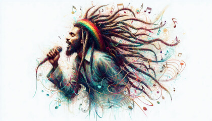 Portrait of a reggae singer with dreadlocks, surrounded by colorful musical notes, representing the spirit and vibrancy of reggae music and culture