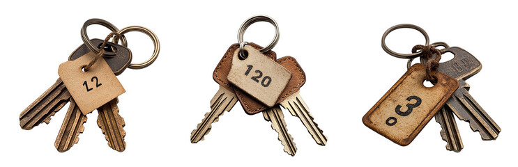 vintage keys with numbered tags representing uniqueness and identity transparent background