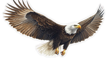 Obraz premium Bald eagle flying with wings spread wide, isolated on black background