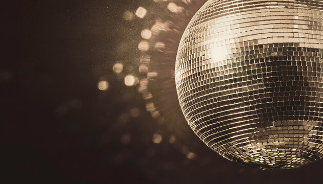 Close-up of a reflective mirror disco ball hanging from the ceiling spinning in dim lighting with scattered light bokeh, capturing a vintage retro luxury party celebration background.