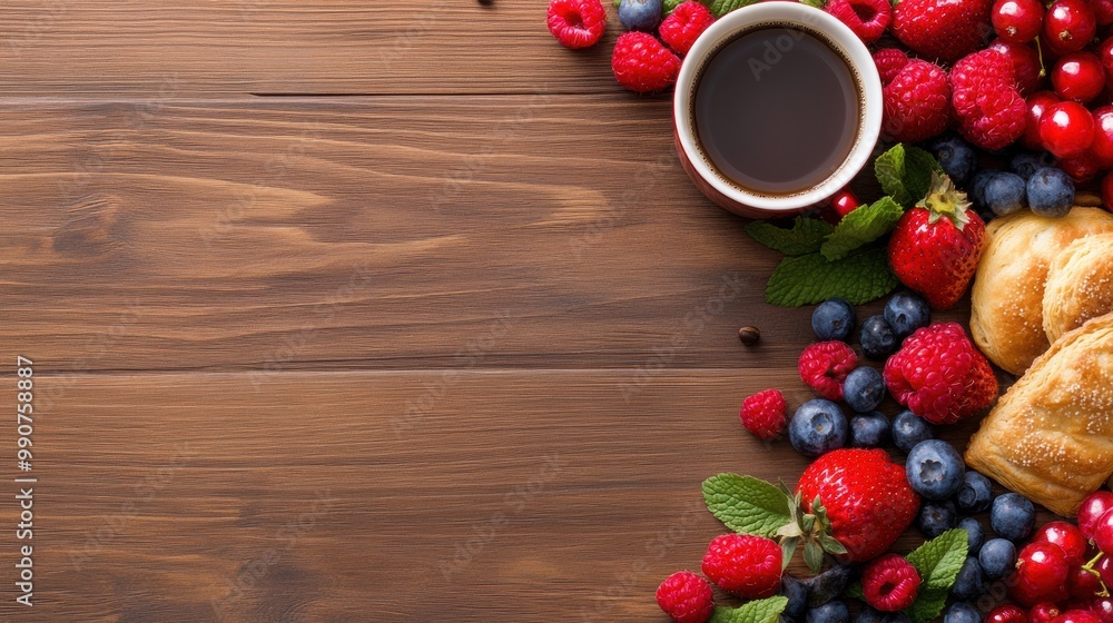 Canvas Prints A table with a cup of coffee and some berries, AI