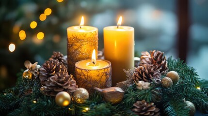 A festive arrangement of candles and pine cones with a warm glow, perfect for Christmas decorations.