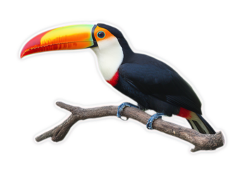 Colorful Toucan Bird Perched on Branch, Isolated on Black Background