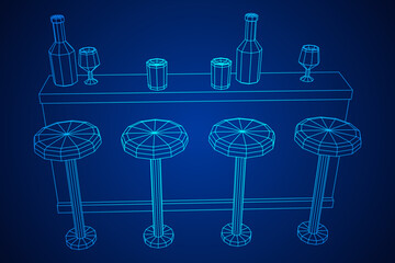 Bar counter with stools, bar top with bottles and glasses. Wireframe low poly mesh vector illustration.