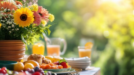A vibrant brunch spread featuring fresh fruits, pastries, and colorful flowers, illuminated by warm sunlight.