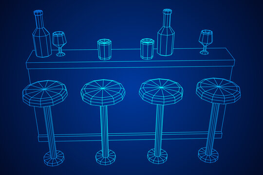 Bar counter with stools, bar top with bottles and glasses. Wireframe low poly mesh vector illustration.