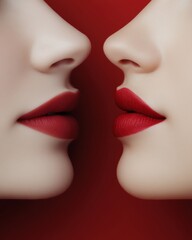 Obraz premium Close-up of two lips adorned with bold red lipstick against a vibrant red background.