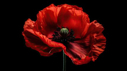 A captivating composition of a single vibrant red poppy positioned at the center of a sleek black background. 