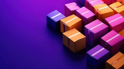 Colorful gift boxes stacked creatively on a vibrant purple background.