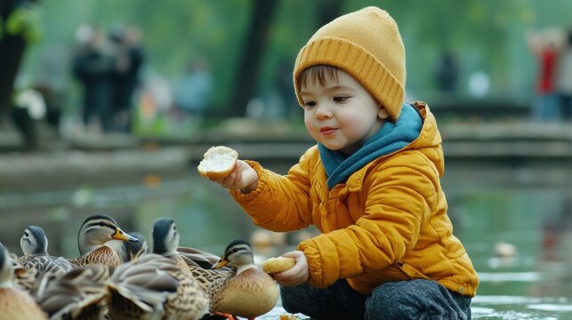 A young boy feeding ducks in a pond with bread, AI