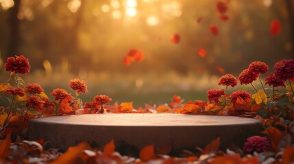 Colorful flowers surround a stone platform in a tranquil park as golden sunlight filters through trees, and leaves gently fall, creating a peaceful autumn atmosphere.