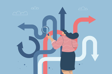 Confusion or decision about business approach, Choosing the right direction, Finding the right business direction, Businesswoman using magnifying glass to guide business and make business decisions.