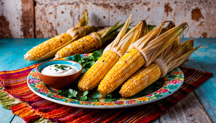 grilled corn on the cob served on a colorful plate with a bowl of creamy sauce, garnished with cilantro. Rustic wooden background