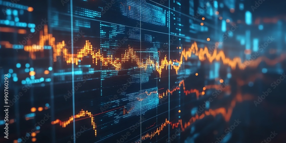 Poster close-up of a computer screen displaying a stock market chart, showing data points and lines in blue