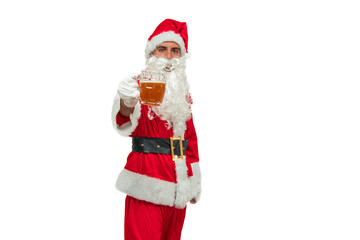Santa Claus toasting to the camera with a beer mug white background