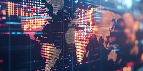 A digital world map with glowing dots showing connections and data flow.