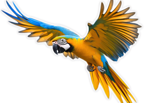 Colorful Blue and Gold Macaw Parrot in Flight Against Black Background