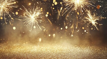 Fototapeta premium Abstract Fireworks with Gold Glitter and Bokeh Set the Perfect Festive Celebration Scene